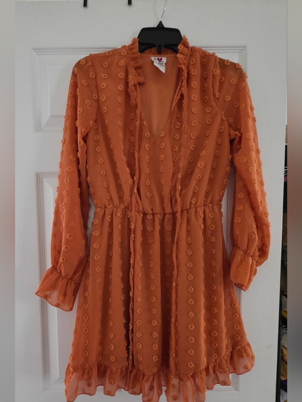 Long Sleeve Ruffle Detail Orange Dress